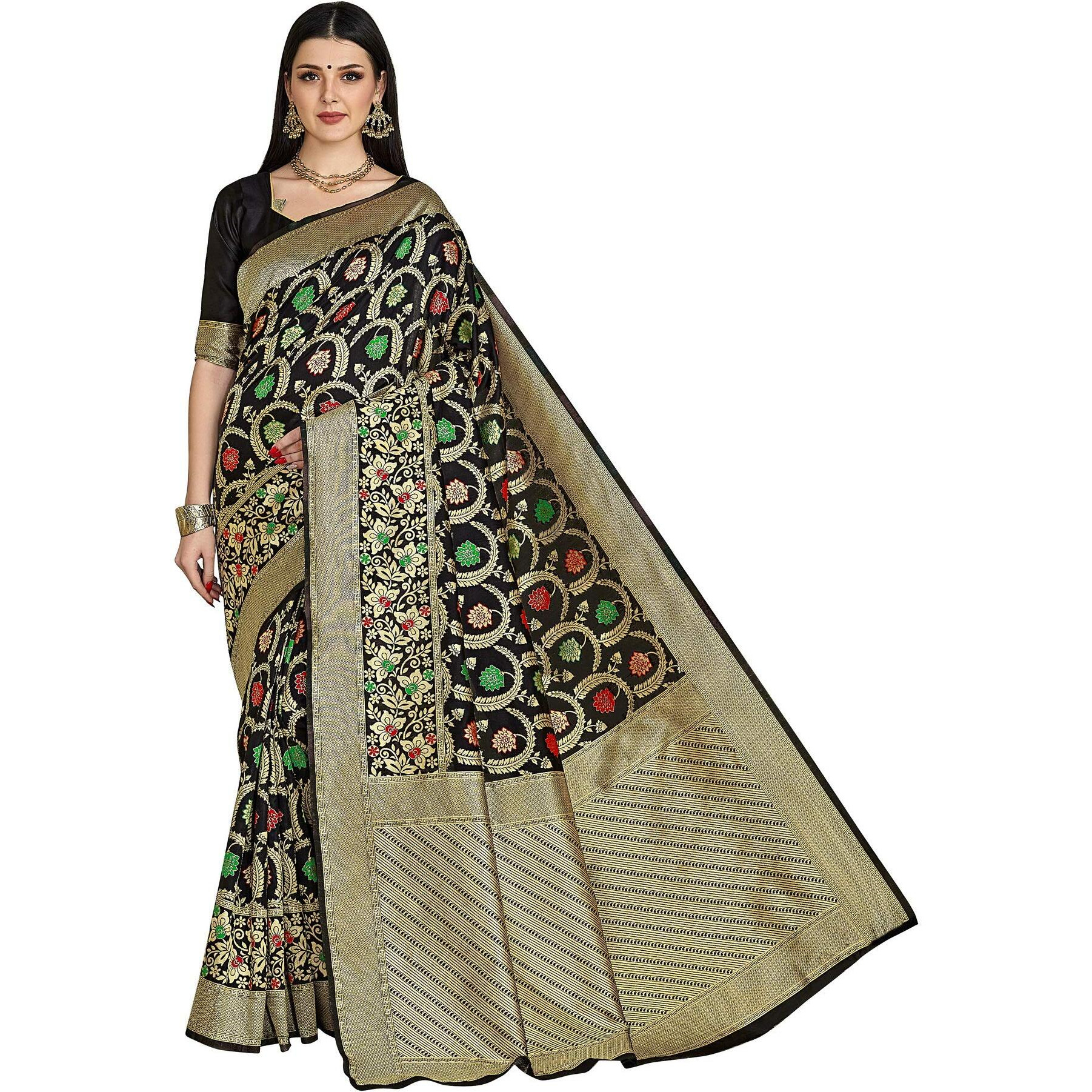 Glory Sarees Womens Floral Woven Silk Blend Saree (Gs_Bridal_Silk115_Black)