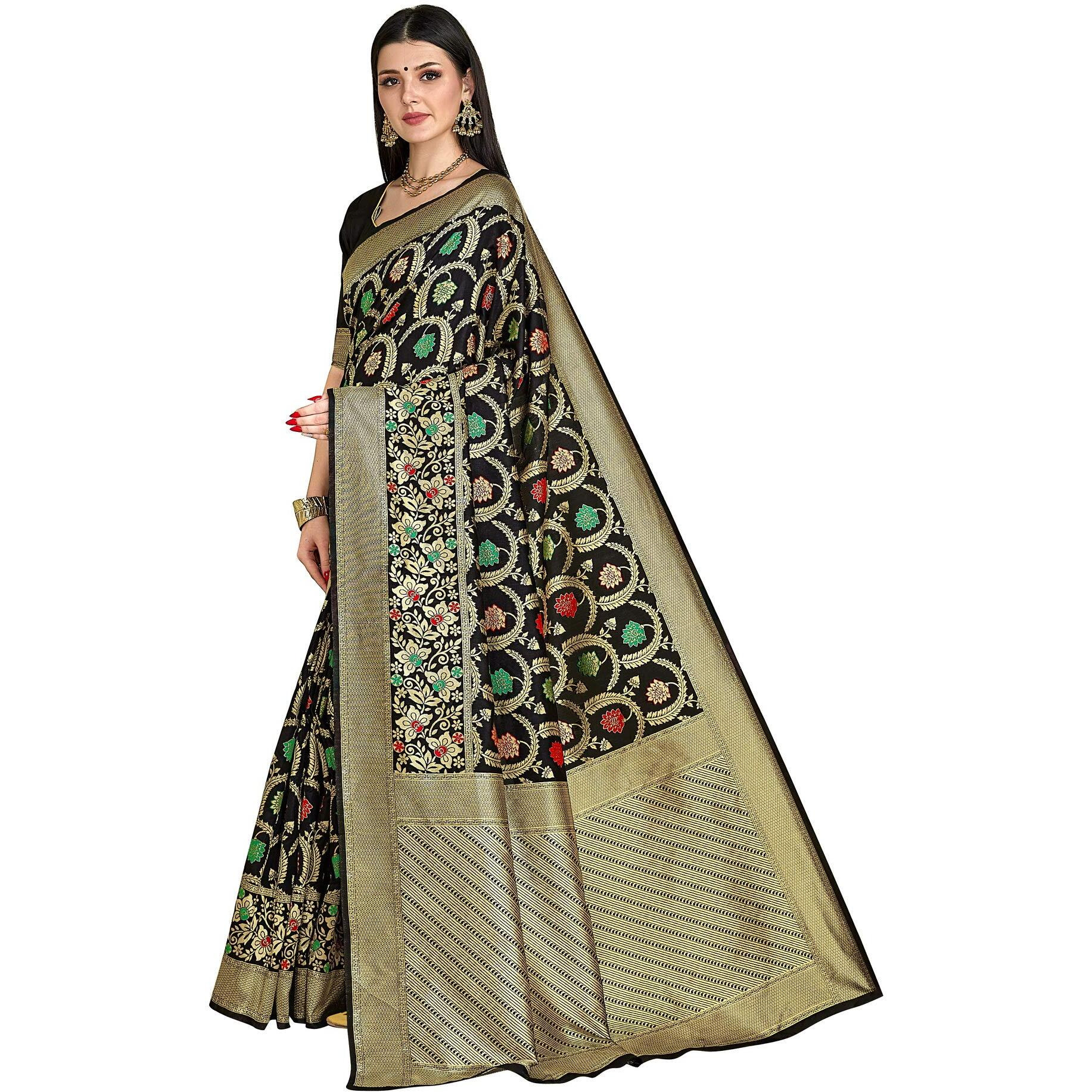 Glory Sarees Womens Floral Woven Silk Blend Saree (Gs_Bridal_Silk115_Black)