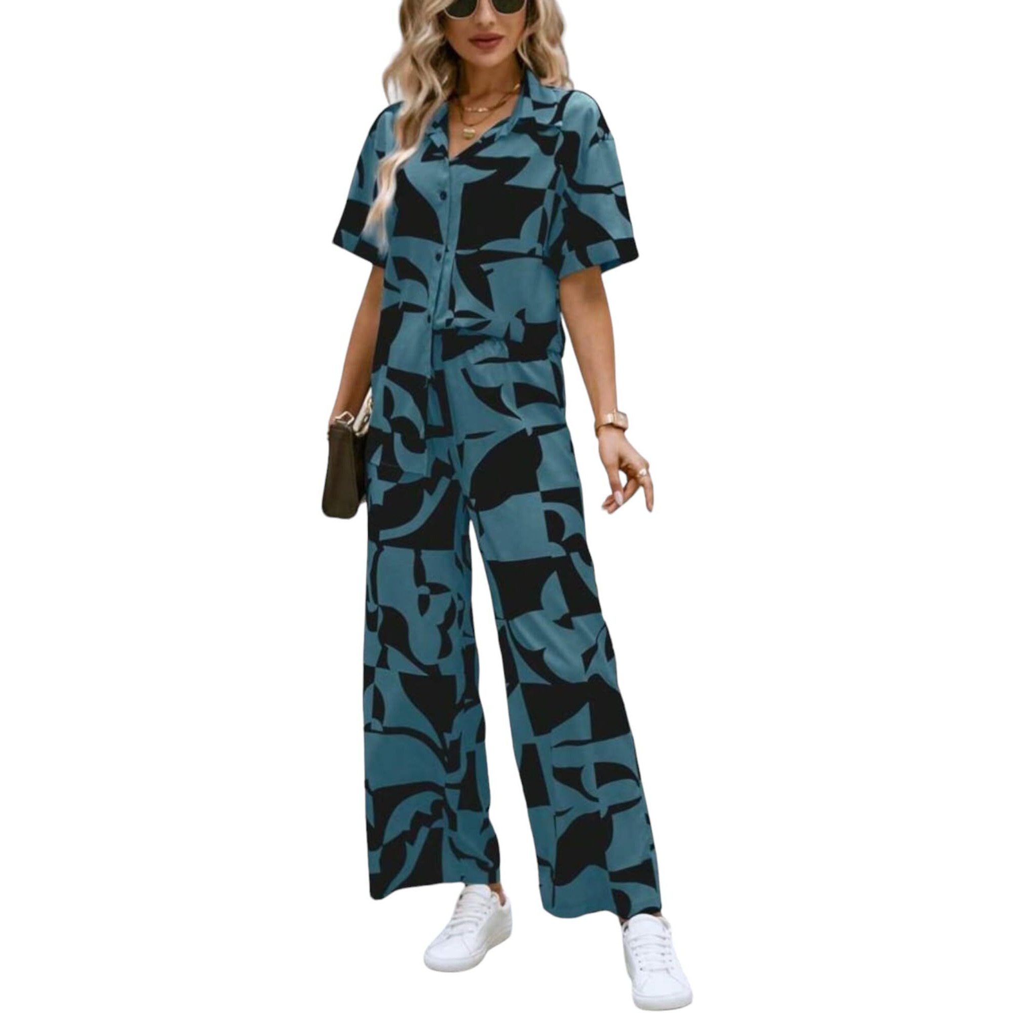 Gufrina Women's Rayon Co-Ord Set With Button-Up Top & Wide Leg Pant 3/4Th Sleeves Collar Neck Printed Pattern Regular Fit And Standard Length