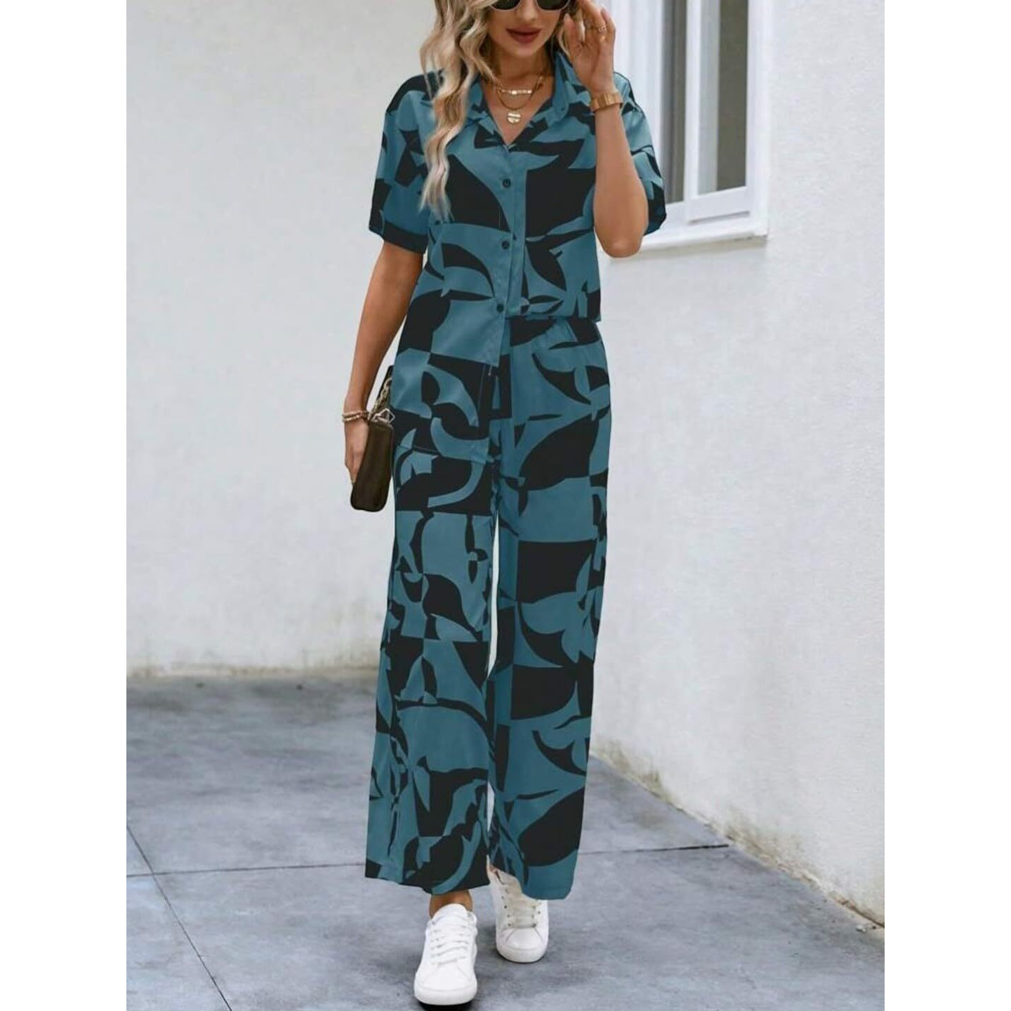 Gufrina Women's Rayon Co-Ord Set With Button-Up Top & Wide Leg Pant 3/4Th Sleeves Collar Neck Printed Pattern Regular Fit And Standard Length
