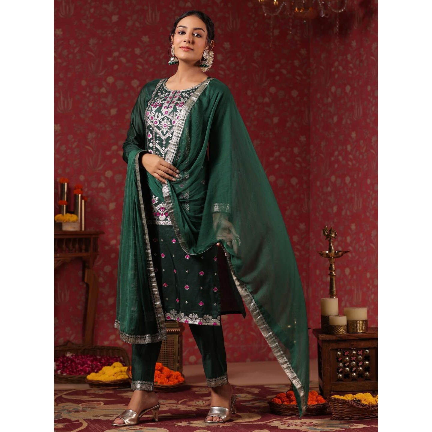 Ishin Women's Poly Silk Ethnic Motifs Foil Print Green Straight Kurta Suit Set With Trousers And Dupatta