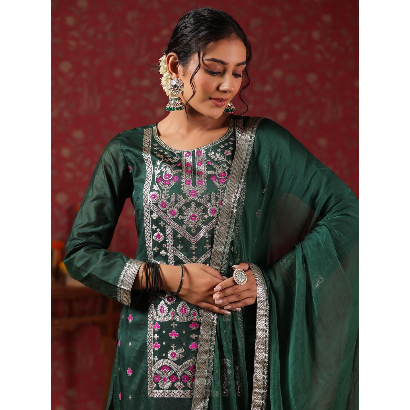 Ishin Women's Poly Silk Ethnic Motifs Foil Print Green Straight Kurta Suit Set With Trousers And Dupatta