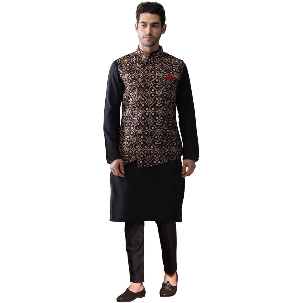 Kisah Men's Cotton Blend Full Sleeves Regular Fit Printed Red Black Kurta Jacket Trousers Set (M)