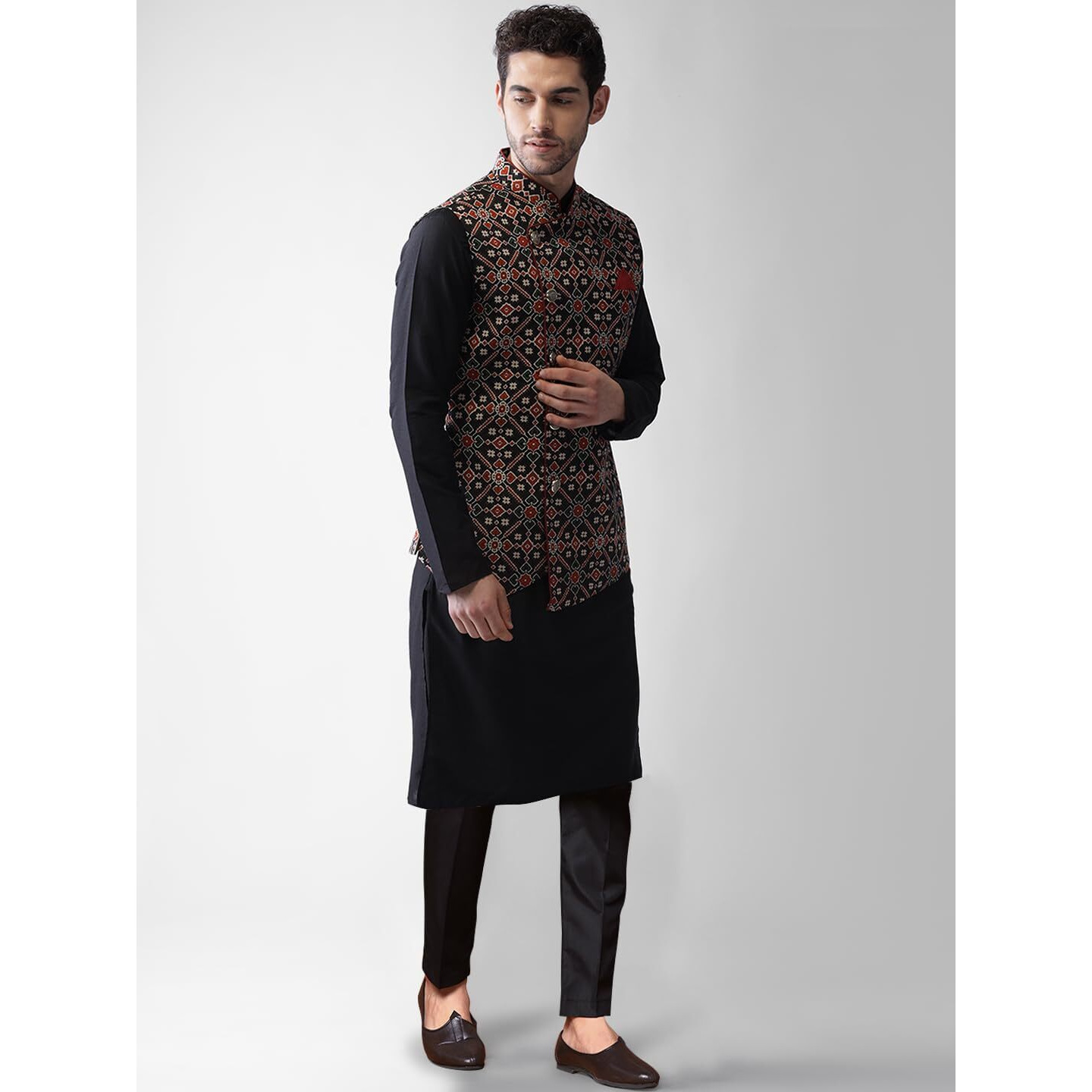 Kisah Men's Cotton Blend Full Sleeves Regular Fit Printed Red Black Kurta Jacket Trousers Set (M)