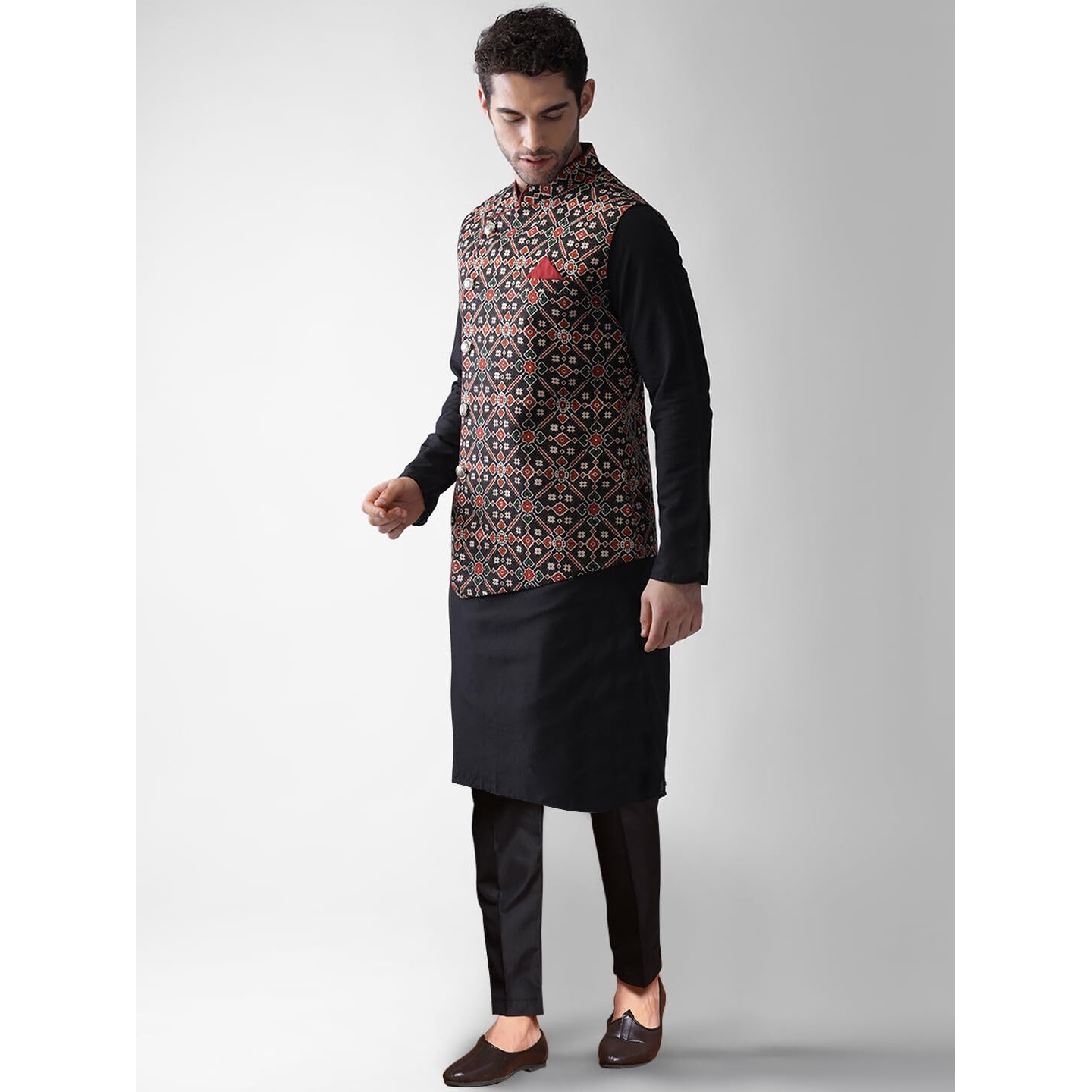 Kisah Men's Cotton Blend Full Sleeves Regular Fit Printed Red Black Kurta Jacket Trousers Set (M)