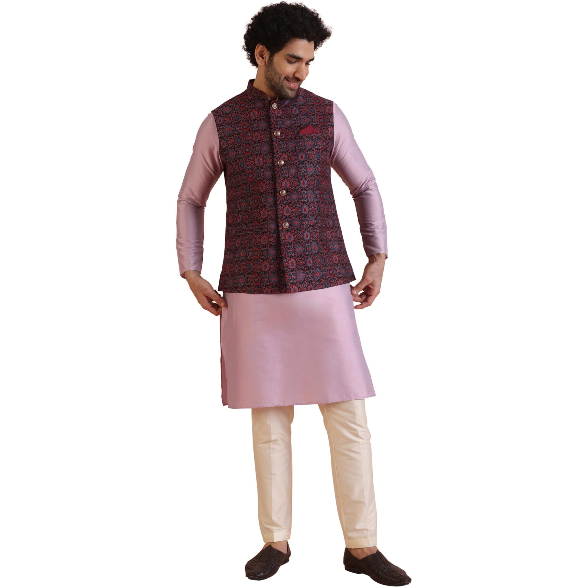 Kisah Men's Kurta Jacket Trouser Set, Multi Cotton Blend, Mandarin Collar Woven Design Regular Fit Long Sleeves (Xl)