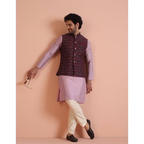 Kisah Men's Kurta Jacket Trouser Set, Multi Cotton Blend, Mandarin Collar Woven Design Regular Fit Long Sleeves (Xl)
