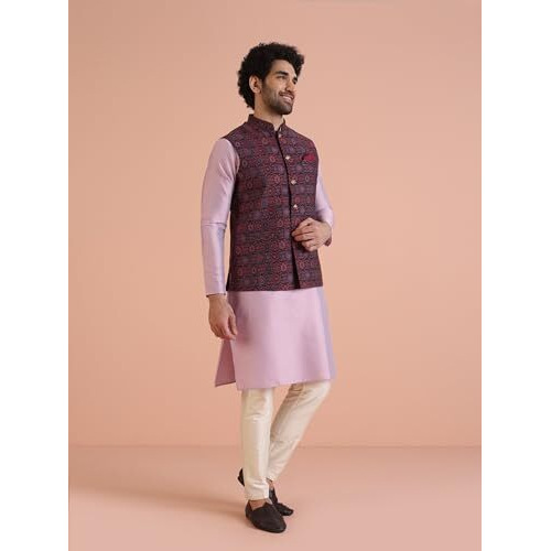 Kisah Men's Kurta Jacket Trouser Set, Multi Cotton Blend, Mandarin Collar Woven Design Regular Fit Long Sleeves (Xl)