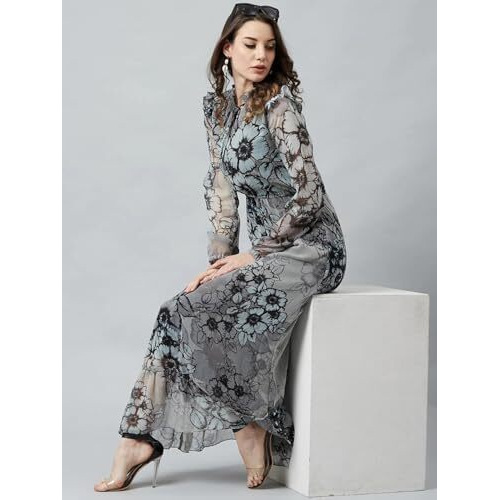 Litzo Women's Chiffon A-Line Maxi Dress (L-64-L_Black
