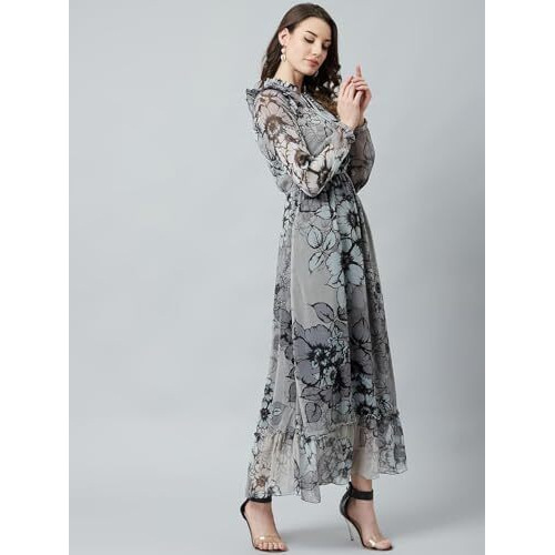 Litzo Women's Chiffon A-Line Maxi Dress (L-64-L_Black
