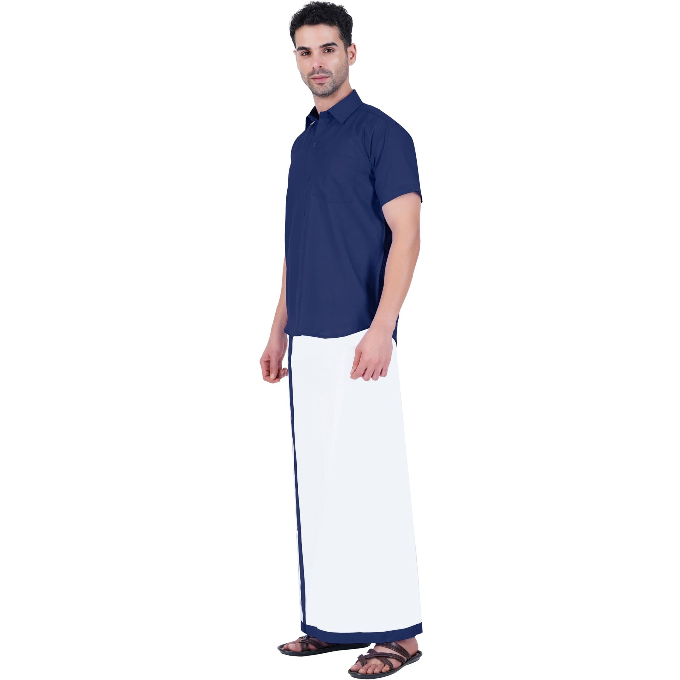 Prakasam Cotton Mens Cotton Plain Colour Shirt With Matching Border Cotton Blended White Single (1.28X2.00 Mtsr) Dhoti Set For Mens