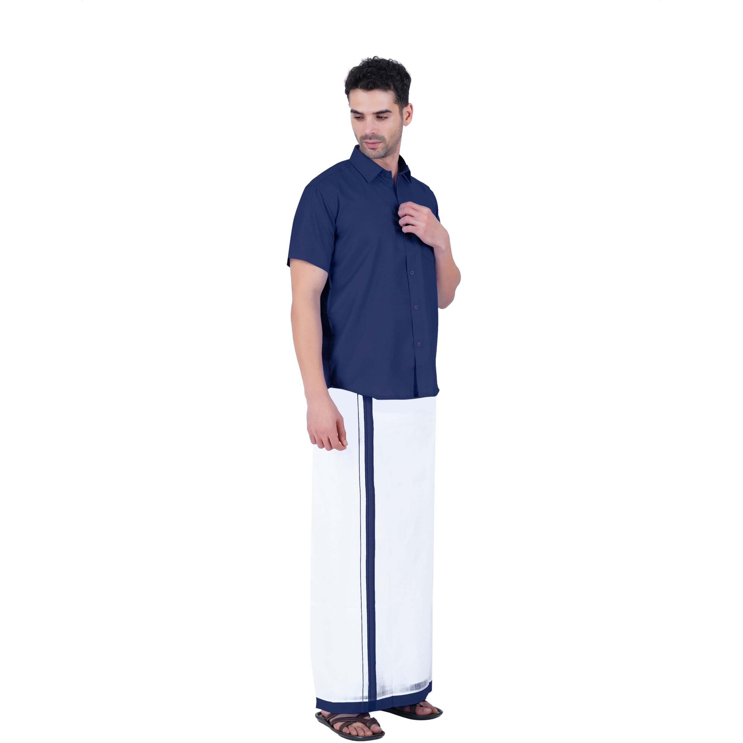 Prakasam Cotton Mens Cotton Plain Colour Shirt With Matching Border Cotton Blended White Single (1.28X2.00 Mtsr) Dhoti Set For Mens