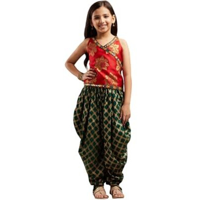 Pspeaches Girl's Silk Dhoti Set (Dh-Greenfoil-3-4Y_Green
