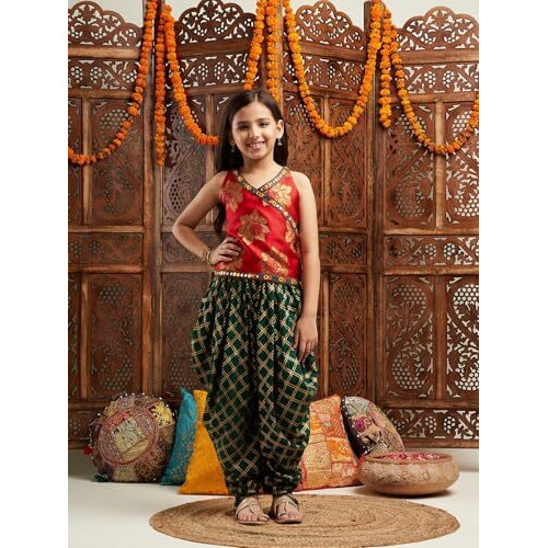 Pspeaches Girl's Silk Dhoti Set (Dh-Greenfoil-3-4Y_Green