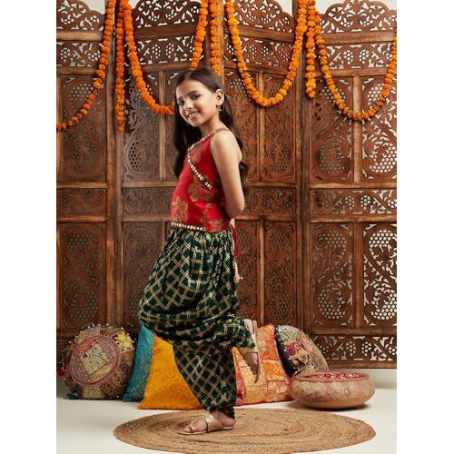 Pspeaches Girl's Silk Dhoti Set (Dh-Greenfoil-3-4Y_Green