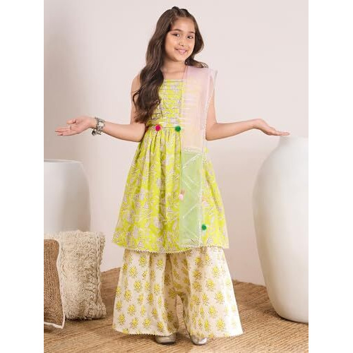 Pspeaches Girl's Cotton Sharara Set (Sha-Ltgreenjaal-12-14Y_Green