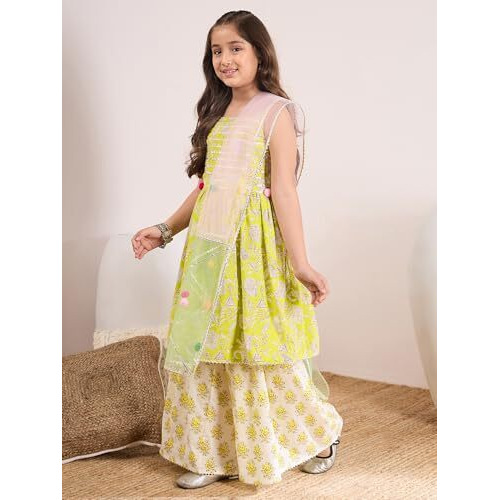 Pspeaches Girl's Cotton Sharara Set (Sha-Ltgreenjaal-12-14Y_Green