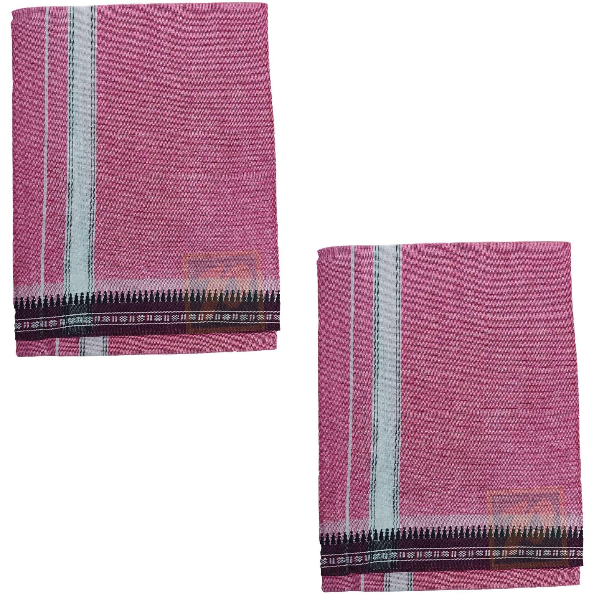 Prakasam Cotton Mens Single (1.28 X 2.00 Mtrs) Colour Thalapathi Border Dhoties/Fine Quality Single Dhoties (Pink)-Pack Of 2 Dhoties