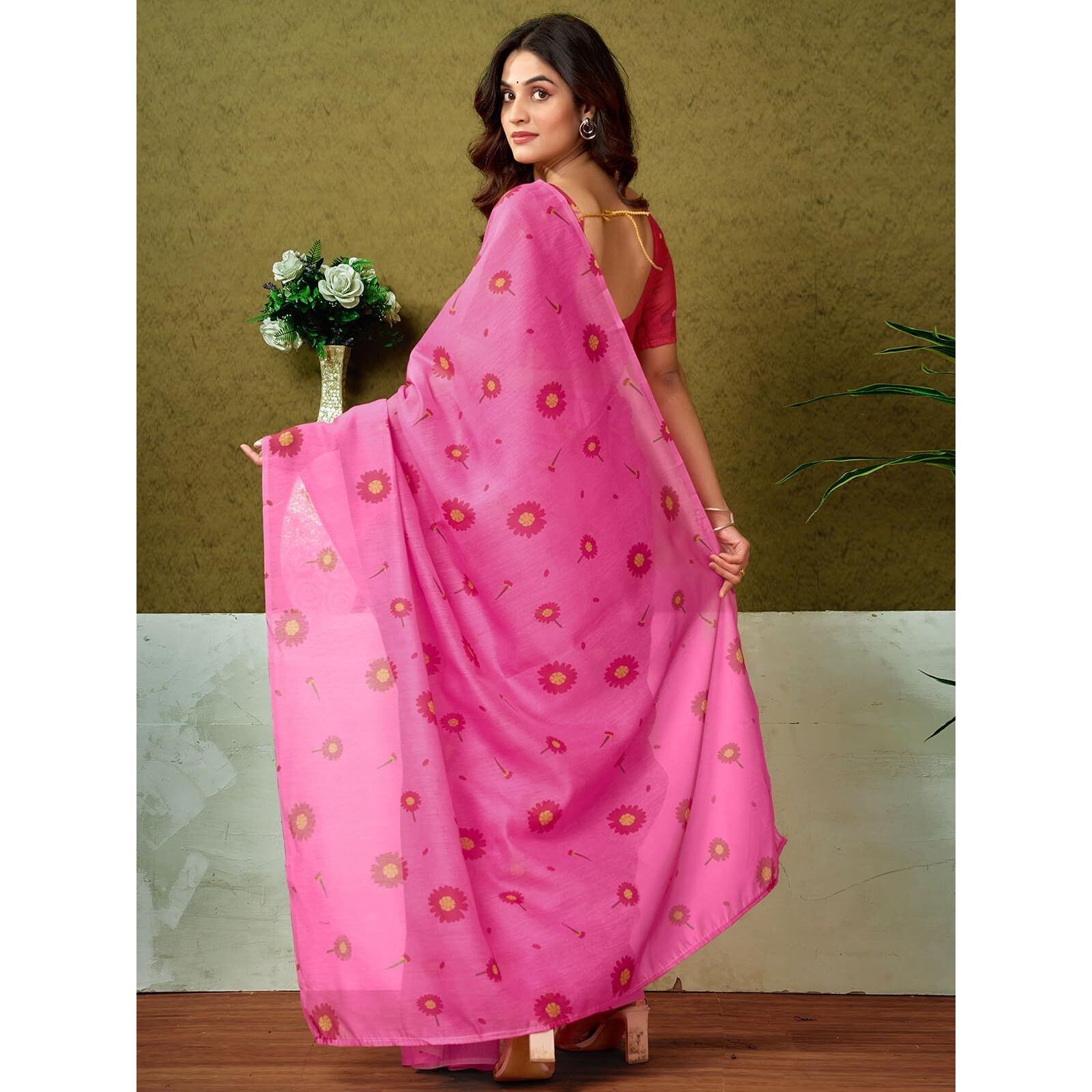 Satrani Women's Chanderi Cotton Printed Ready To Wear One Minute Pre Pleated Readymade Saree With Unstitched Blouse Piece (32Rs294N_Pink2)
