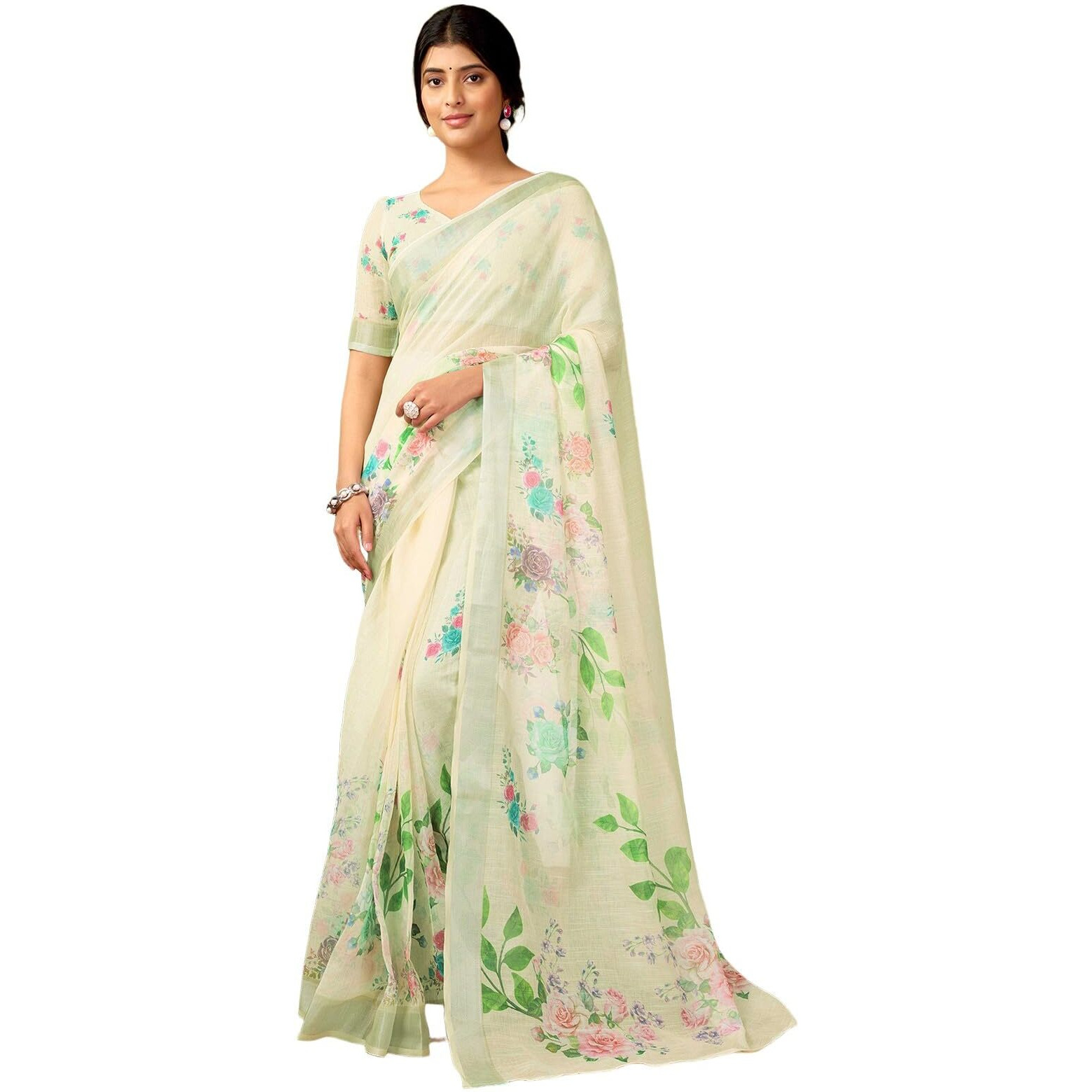 Satrani Women's Linen Printed & Zari Border Ready To Wear One Minute Pre Pleated Readymade Saree With Unstitched Blouse Piece (35Rs336N_Cream & Multi)