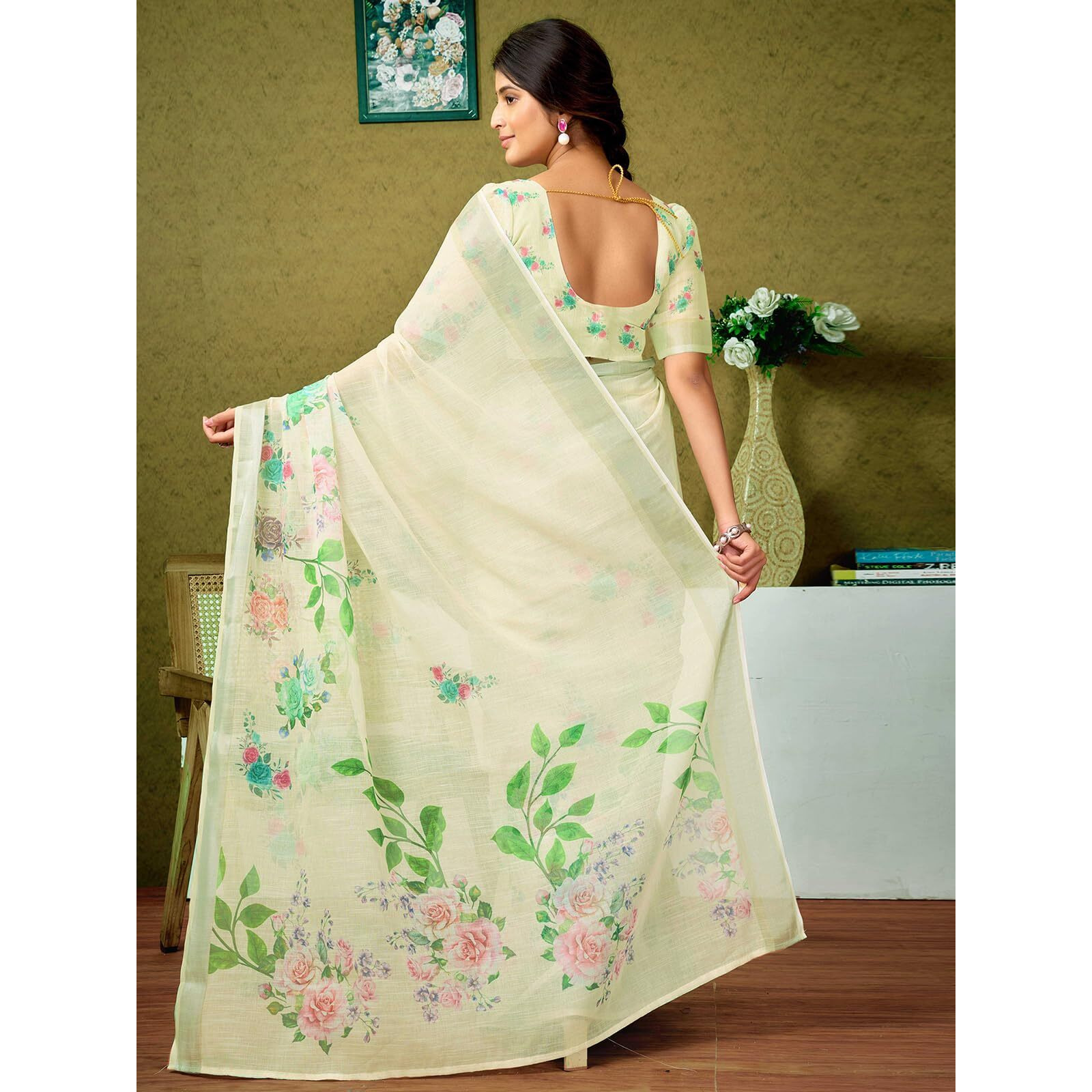 Satrani Women's Linen Printed & Zari Border Ready To Wear One Minute Pre Pleated Readymade Saree With Unstitched Blouse Piece (35Rs336N_Cream & Multi)