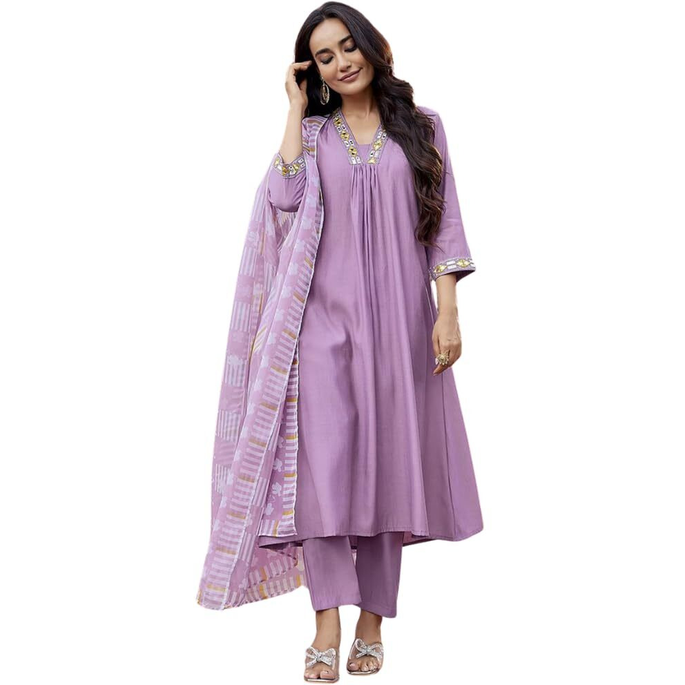 Shienzy Women's Embroidered Work Chanderi Kurta & Pant With Dupatta || Straight Kurta Outfits || Ethnic Set (1656_Prl_L) Purple