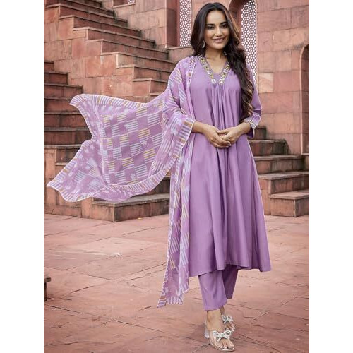 Shienzy Women's Embroidered Work Chanderi Kurta & Pant With Dupatta || Straight Kurta Outfits || Ethnic Set (1656_Prl_L) Purple