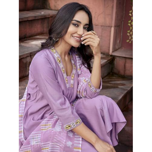 Shienzy Women's Embroidered Work Chanderi Kurta & Pant With Dupatta || Straight Kurta Outfits || Ethnic Set (1656_Prl_L) Purple