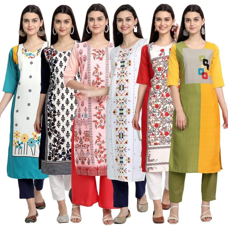 Pinkmint Elegant Printed Crepe Kurti's For Women's Ll Fashionable Kurti Ll Stright Round Neck Kurti (Pack Of 6)