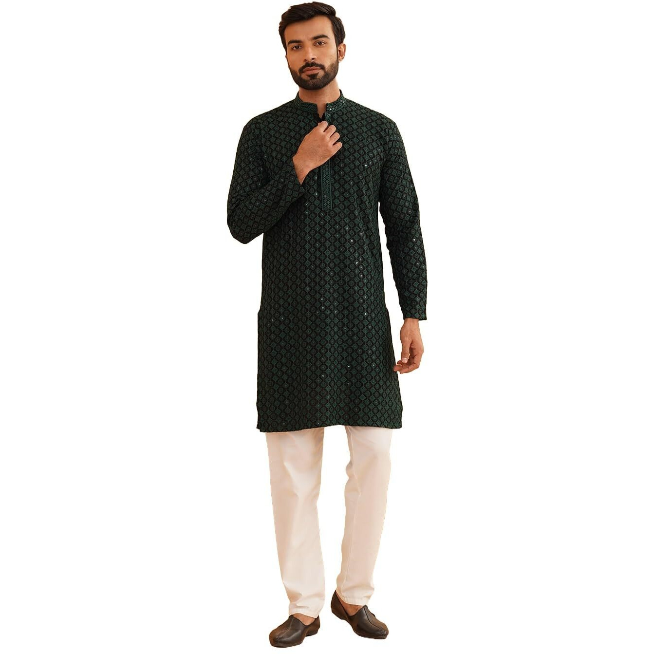 Sojanya (Since 1958 Men's Cotton Gold Embroidered Sequinned Green Kurta With White Churidar Pyjama