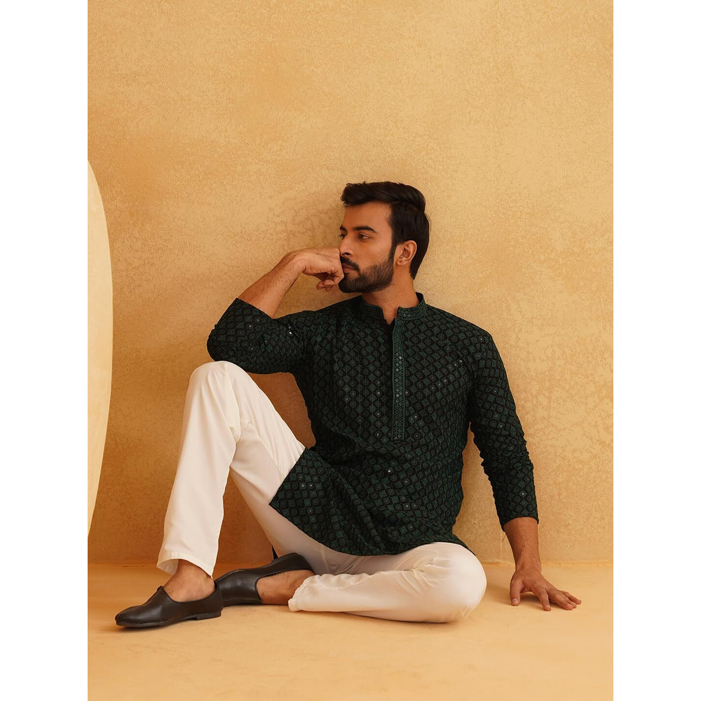 Sojanya (Since 1958 Men's Cotton Gold Embroidered Sequinned Green Kurta With White Churidar Pyjama