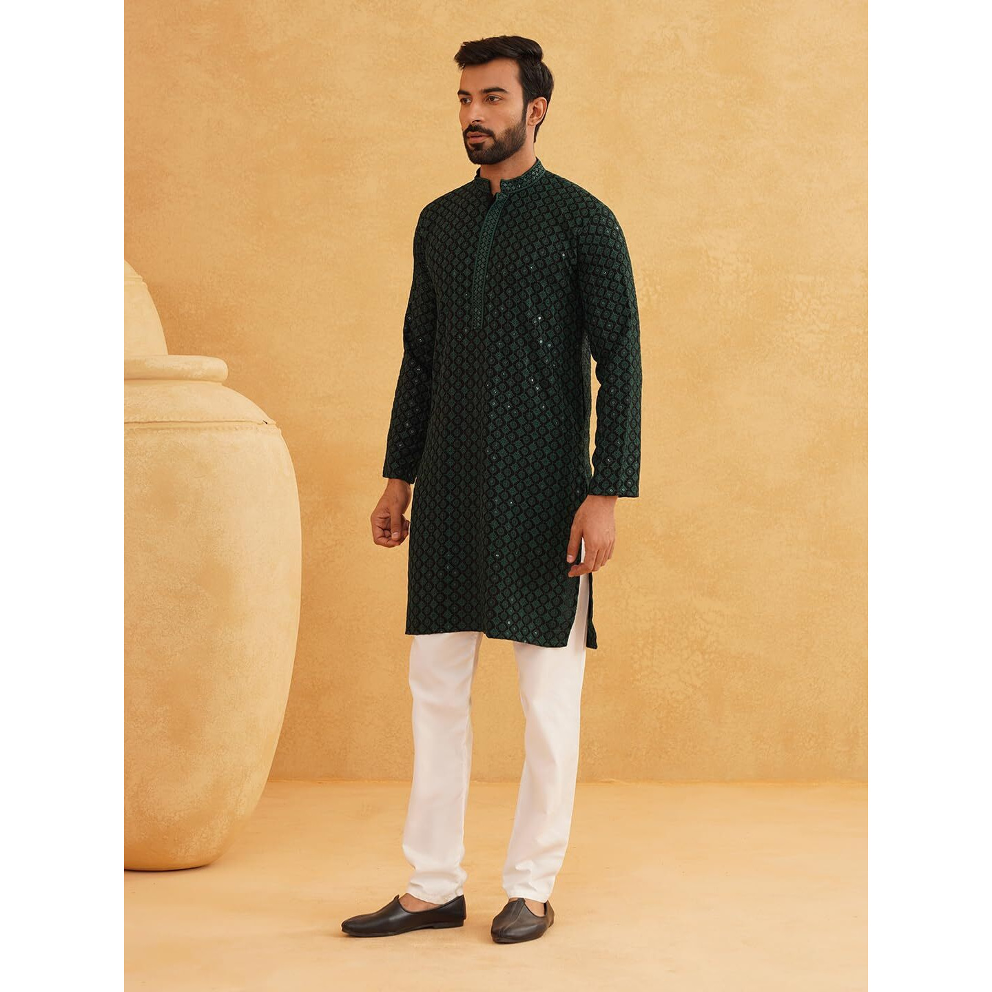 Sojanya (Since 1958 Men's Cotton Gold Embroidered Sequinned Green Kurta With White Churidar Pyjama