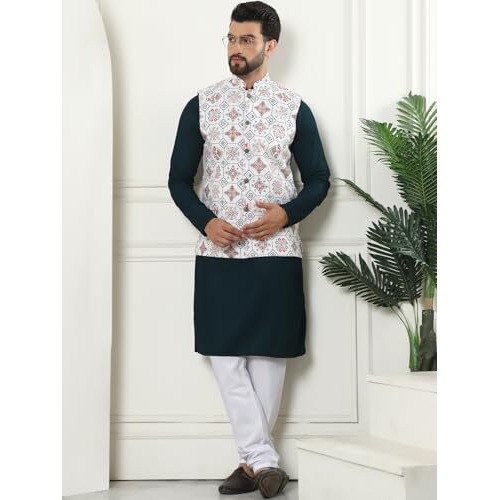 Sojanya (Since 1958 Men's Pure Cotton Brown Kurta And White Pyjama With Printed Cream Nehru Jacket