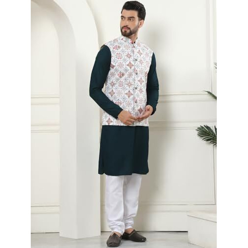 Sojanya (Since 1958 Men's Pure Cotton Brown Kurta And White Pyjama With Printed Cream Nehru Jacket