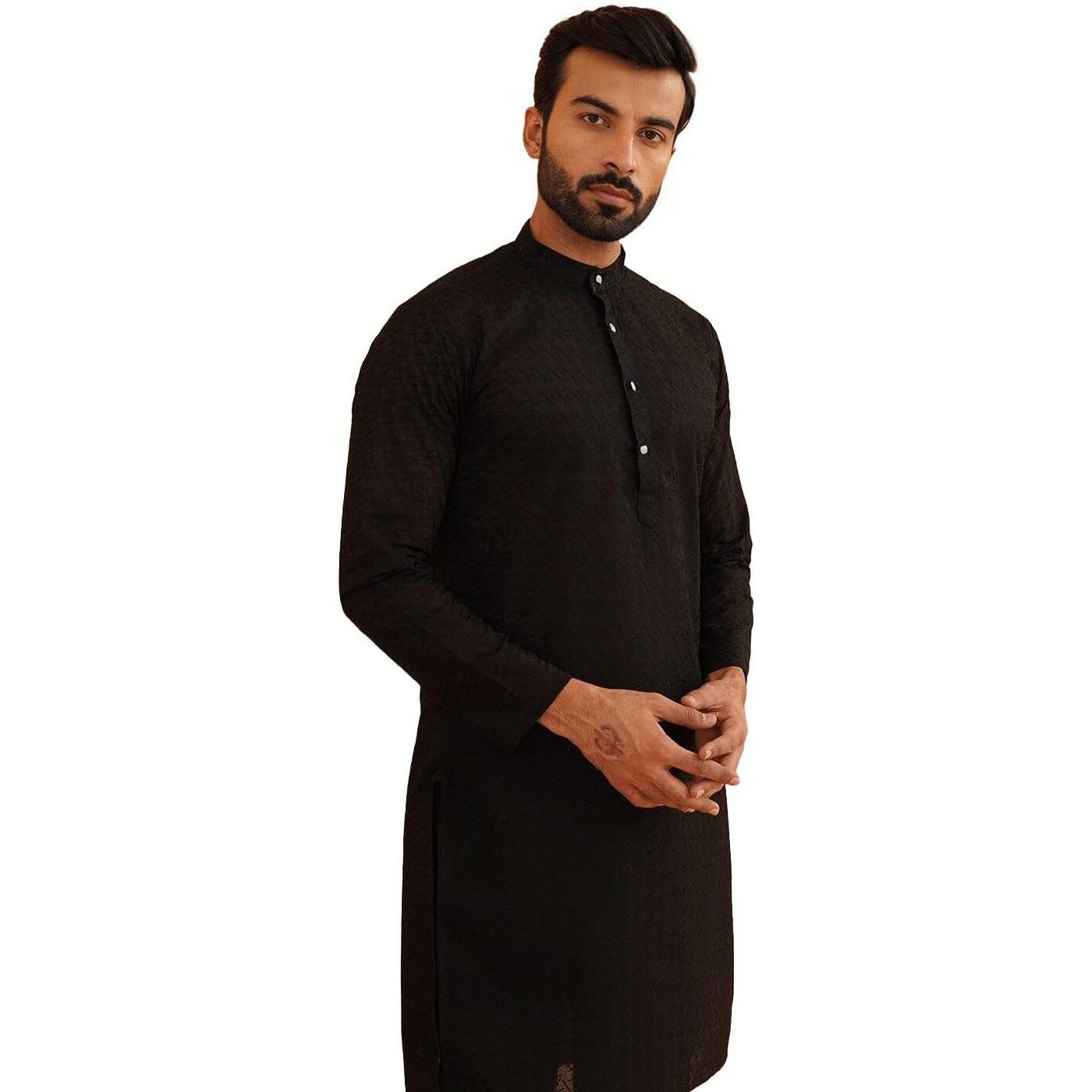 Sojanya (Since 1958 Men's Pure Cotton Chikankari Embroidered Black Straight Long Kurta