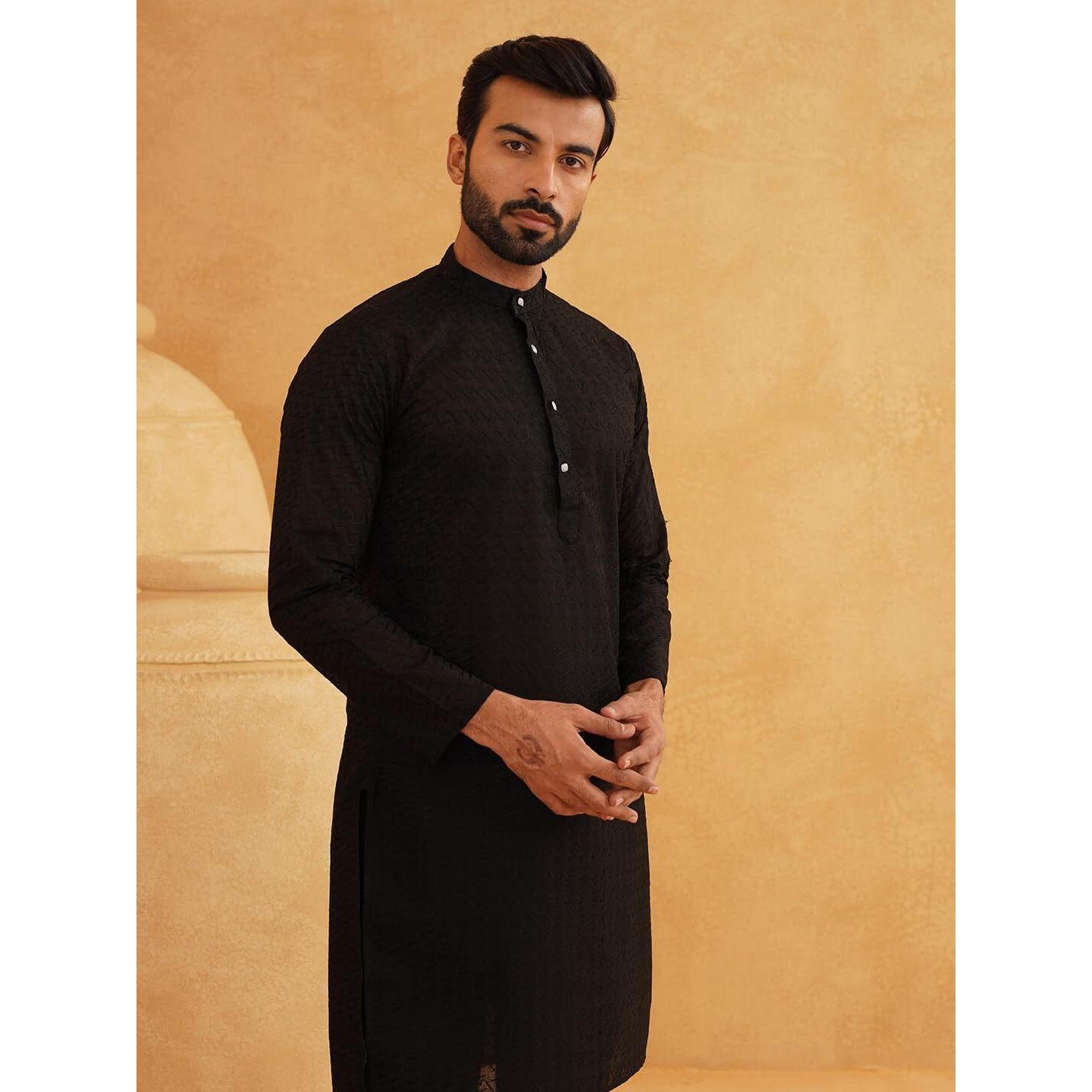 Sojanya (Since 1958 Men's Pure Cotton Chikankari Embroidered Black Straight Long Kurta