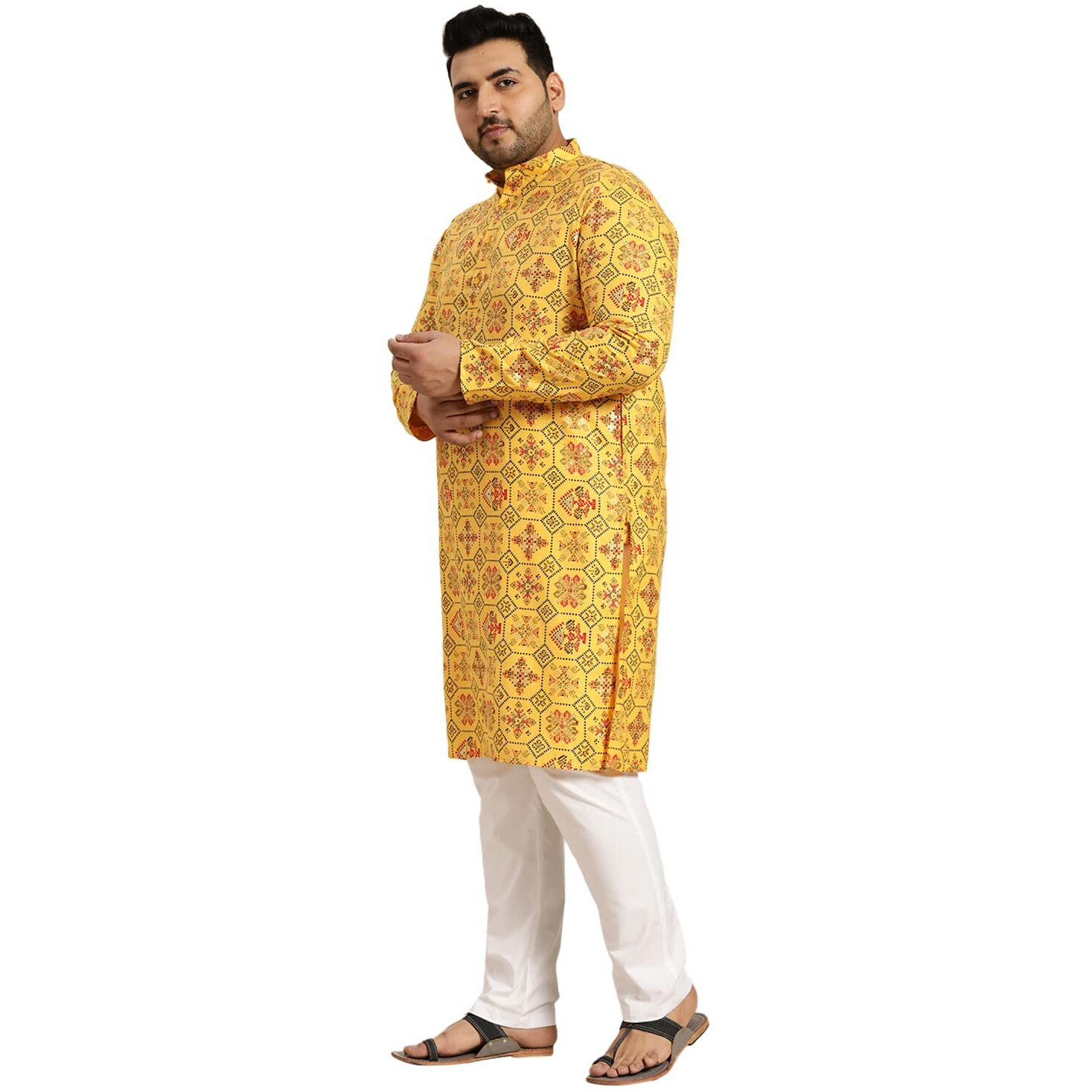 Sojanya Plus (Since 1958) Men's Cotton Linen Yellow And Multi Printed Kurta And White Pyjama Set