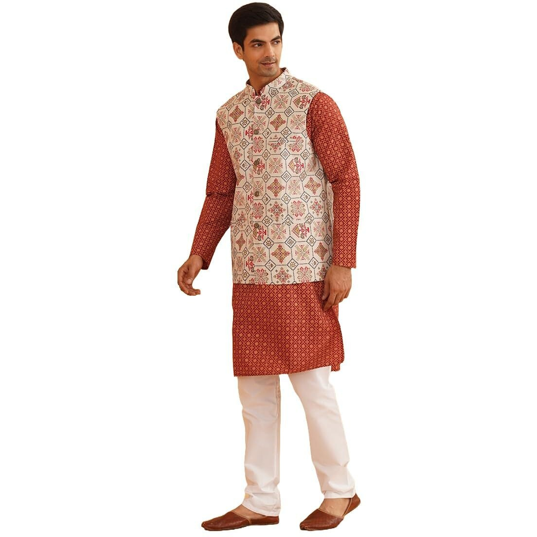 Sojanya (Since 1958 Men's Cotton Linen Maroon Kurta And White Pyjama With Cream Nehru Jacket
