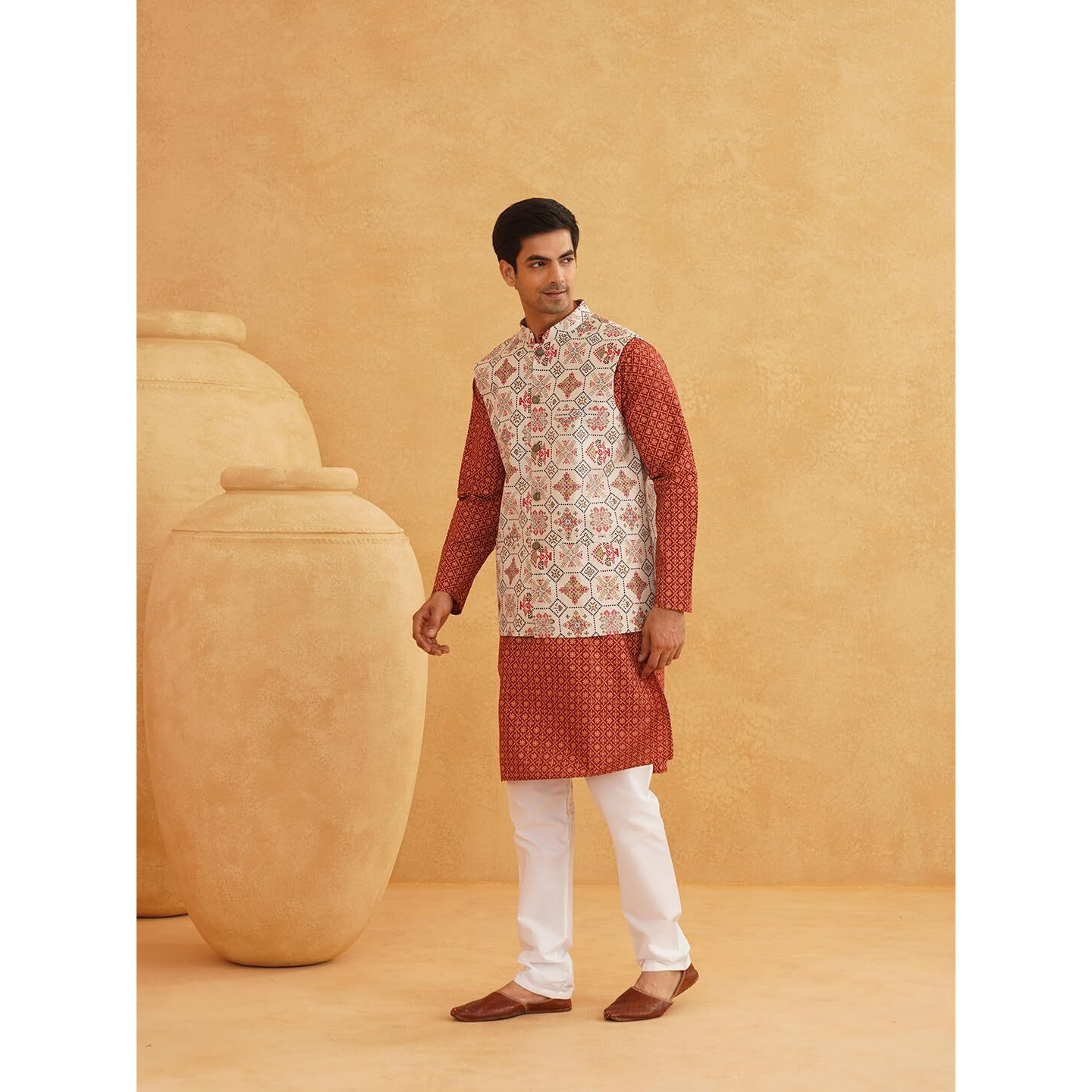 Sojanya (Since 1958 Men's Cotton Linen Maroon Kurta And White Pyjama With Cream Nehru Jacket