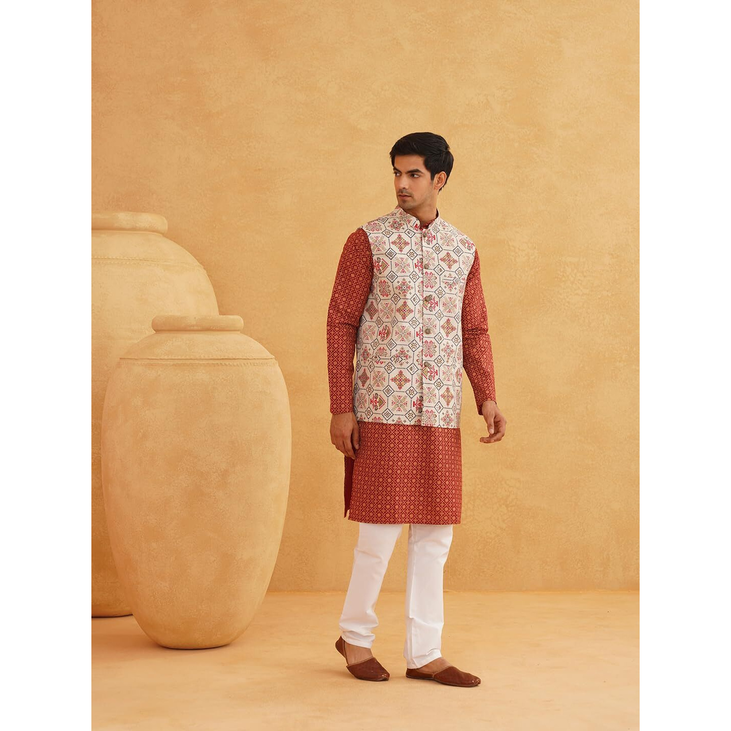 Sojanya (Since 1958 Men's Cotton Linen Maroon Kurta And White Pyjama With Cream Nehru Jacket