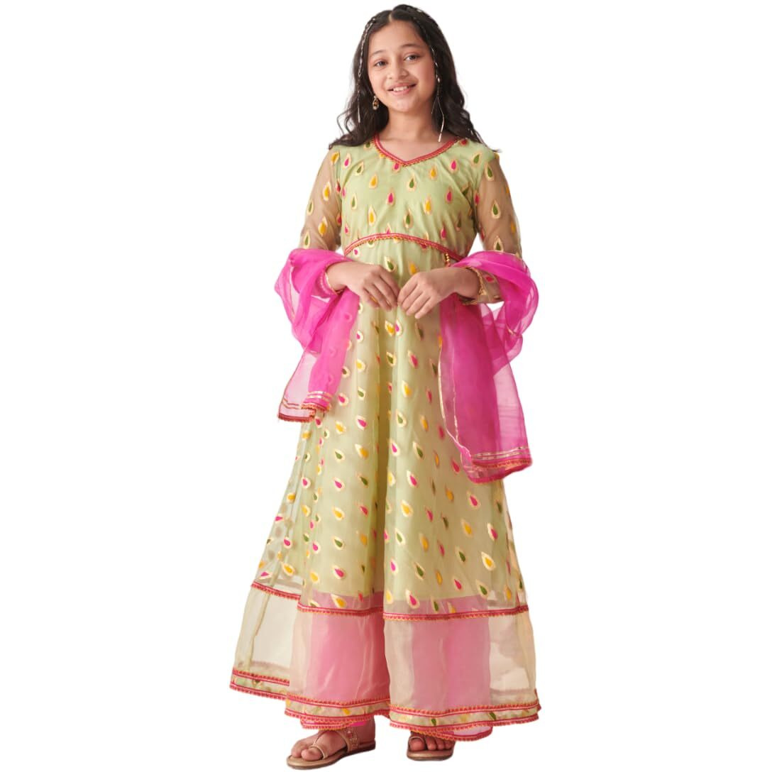 Pspeaches Girl's Silk Blend Regular Kurta Set (Ks-Greenbanarsi-15-16Y_Green