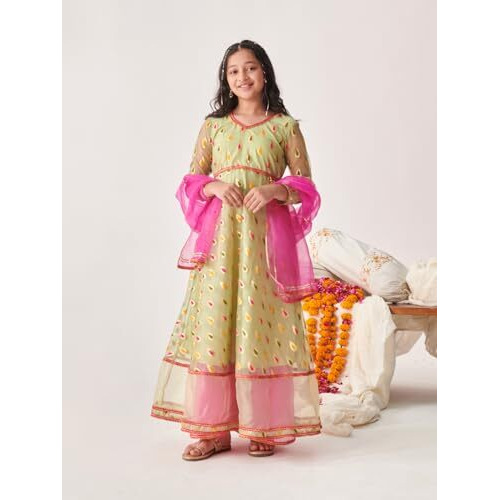 Pspeaches Girl's Silk Blend Regular Kurta Set (Ks-Greenbanarsi-15-16Y_Green