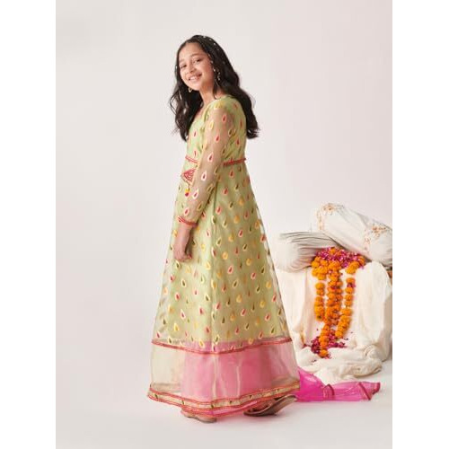 Pspeaches Girl's Silk Blend Regular Kurta Set (Ks-Greenbanarsi-15-16Y_Green