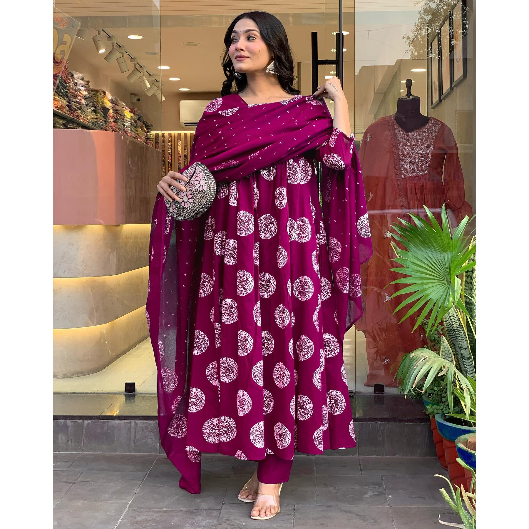 Toochki Women's Rayon Viscose Anarkali Printed Kurta With Palazzo & Dupatta Wine