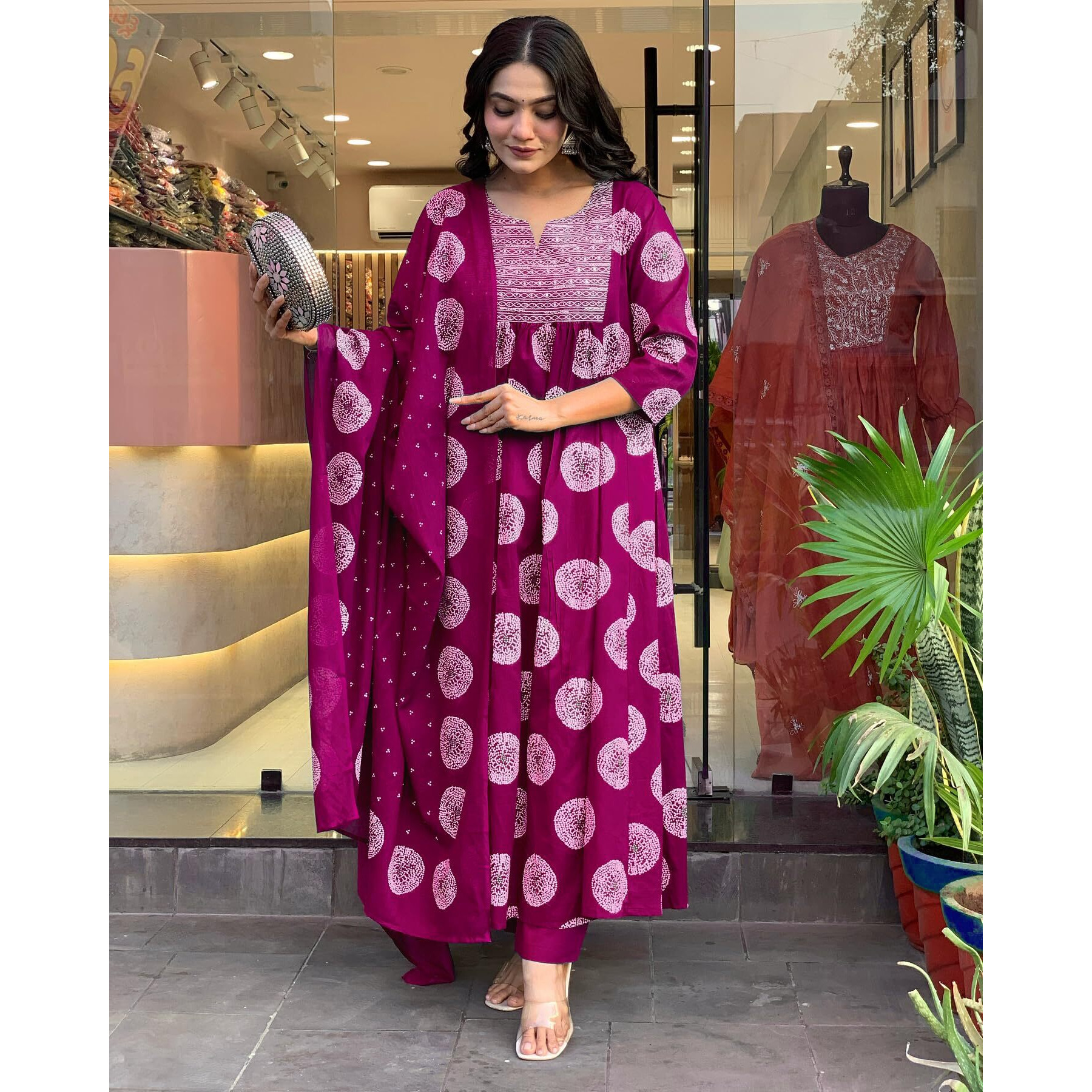 Toochki Women's Rayon Viscose Anarkali Printed Kurta With Palazzo & Dupatta Wine