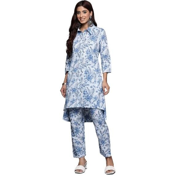 Varanga Women Blue Floral Printed High- Low Kurta With Bottom