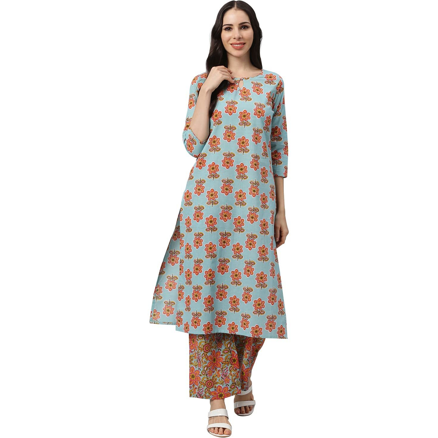 Idalia Turquoise Printed Kurta With Multicolor Printed Palazzo Pants