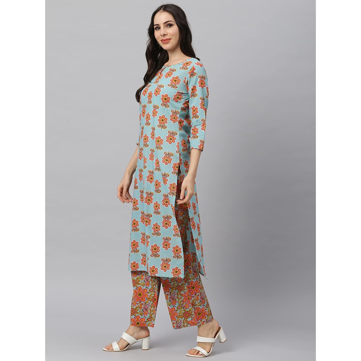 Idalia Turquoise Printed Kurta With Multicolor Printed Palazzo Pants