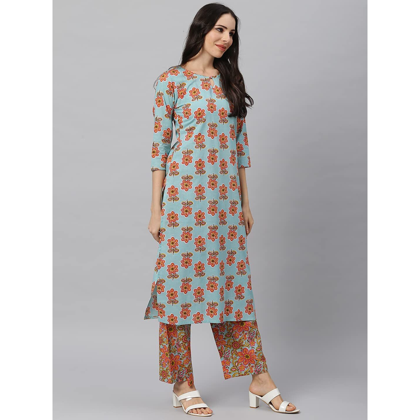 Idalia Turquoise Printed Kurta With Multicolor Printed Palazzo Pants