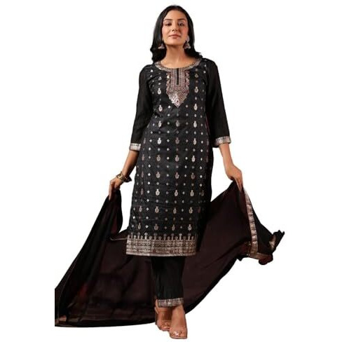 Ishin Women's Poly Silk Ethnic Motifs Foil Print Black Straight Kurta Suit Set With Trousers & Dupatta